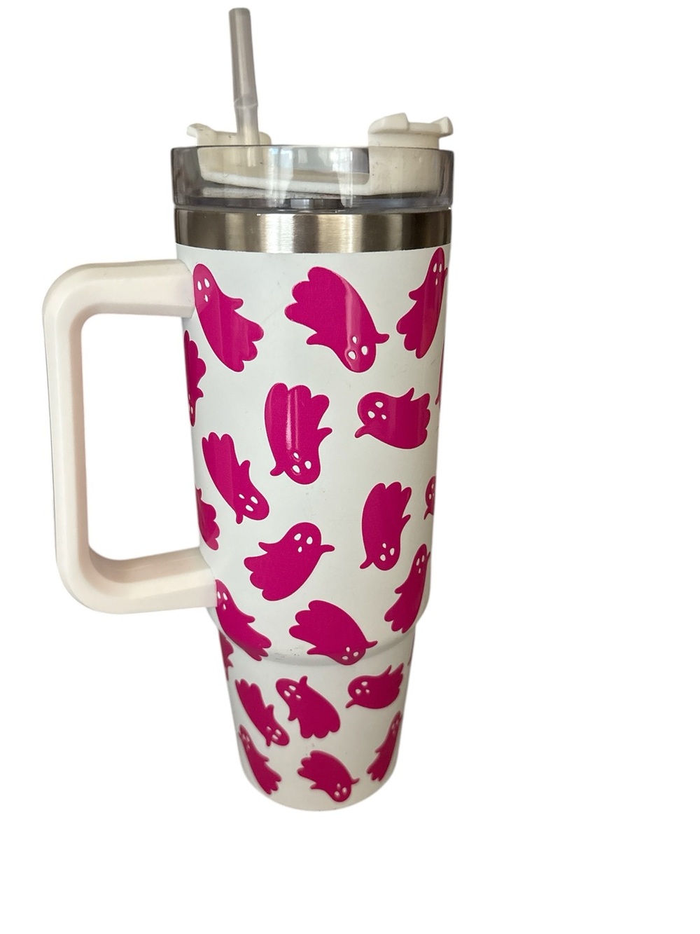 Kohl's White Travel Tumbler with Hot Pink Ghost Pattern and Handle